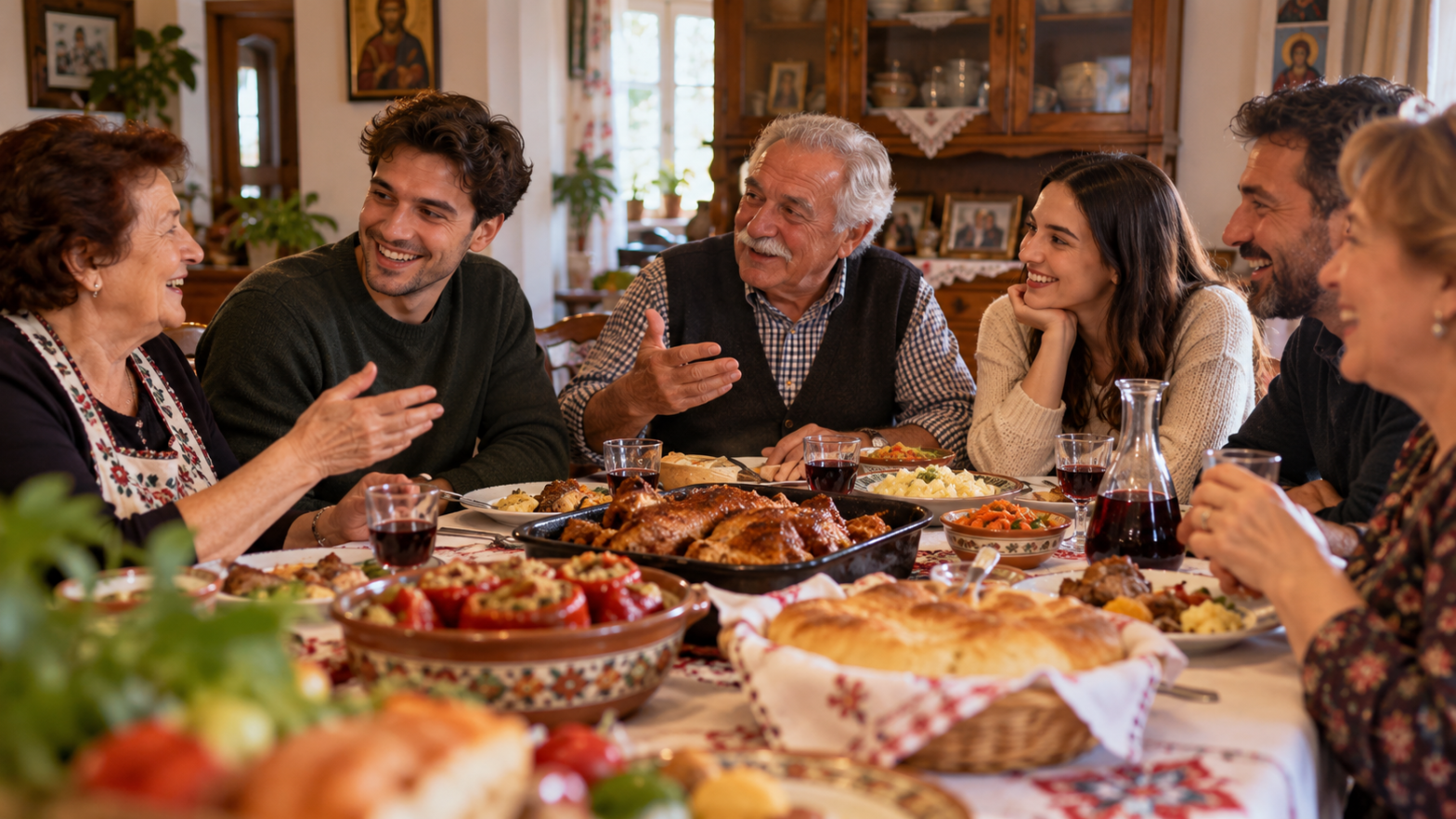 Serbian family enjoying a traditional Sunday lunch together, sharing food, laughter and conversation around the table.